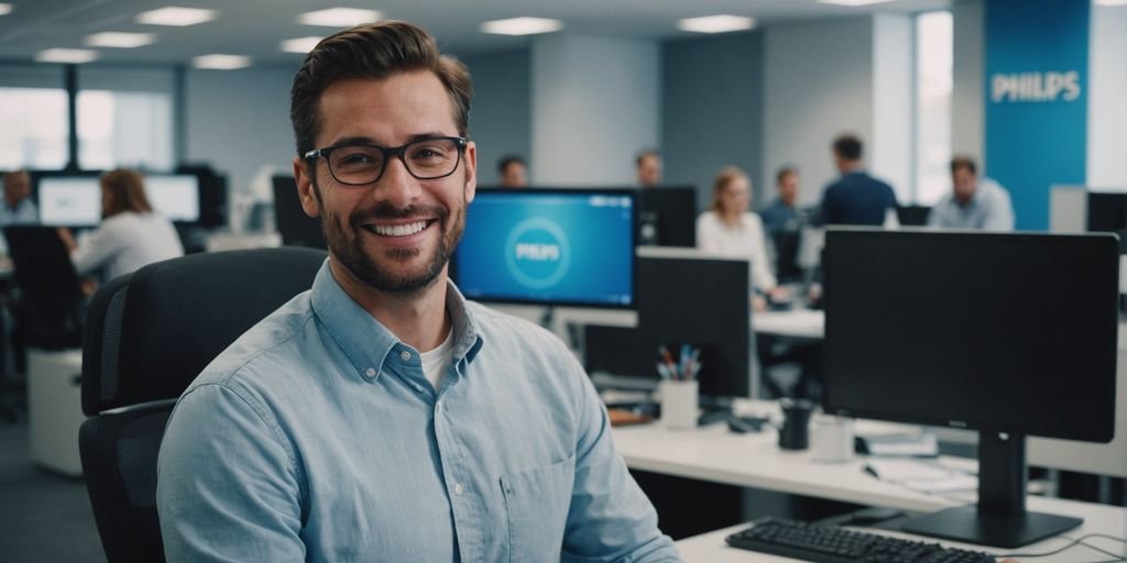 Philips employee smiling at their desk in the office