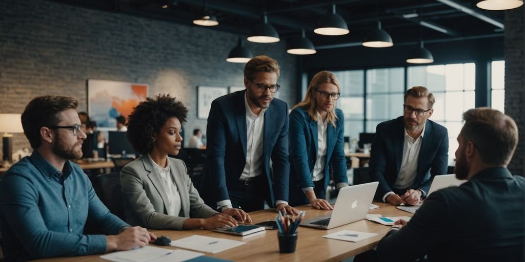 Randstad employees collaborating in a modern office