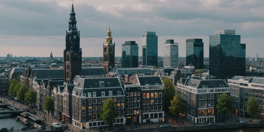 Skyline of Amsterdam with logos of top Dutch companies