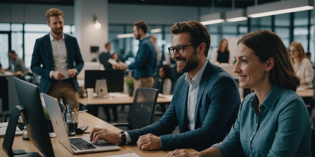 Team collaboration in a bright, modern office environment