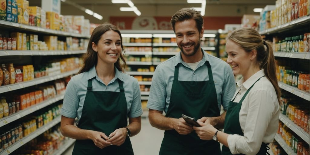 Happy Ahold Delhaize employees collaborating in store